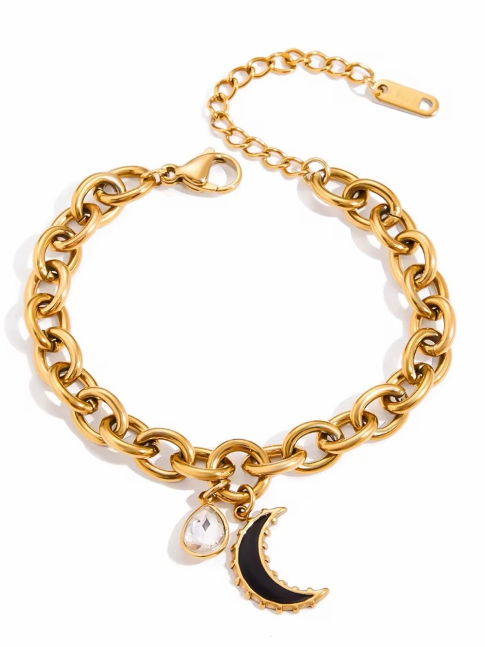 18K Gold Plated Moon & Crystal Teardrop Charm Link Bracelet